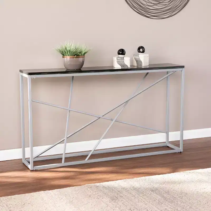 Faux Stone Skinny Console Table - Silver
