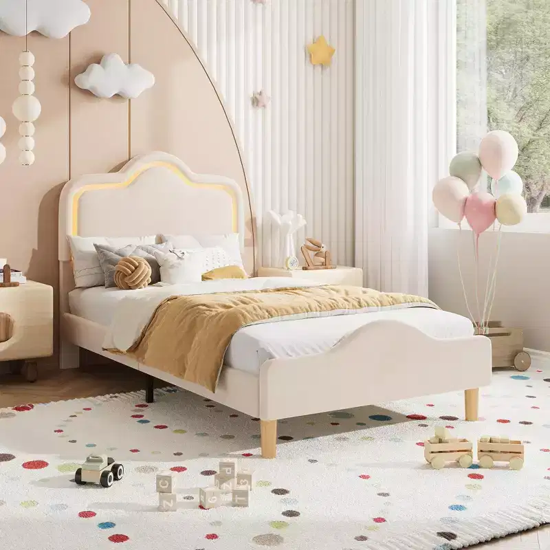 Twin XL Size Upholstered LED Bed Frame with Adjustable Headboard and Footboard, Platform Bed Frame for Kids, No Box Spring Needed