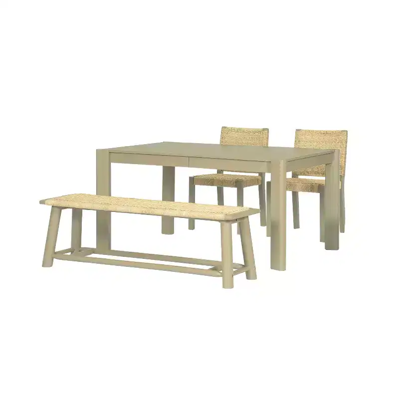 ModernLuxe Set of 2 Dining Chairs Rattan Bench Outdoor Bench, Farmhouse Modern, Champagne/Walnut