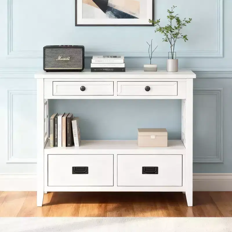 36'' Farmhouse Wood Console Table with 4 Drawers and 1 Storage Shelf for Entryway and Living Room, Antique White