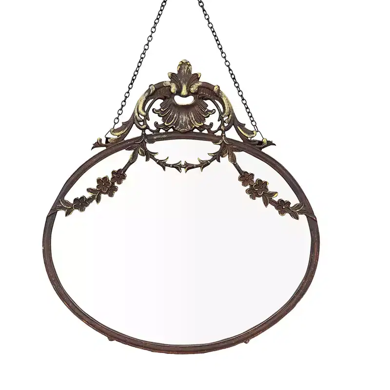 Storied Home Pewter Framed Wall Mirror with Decorative Chain and Antique Finish, Bronze