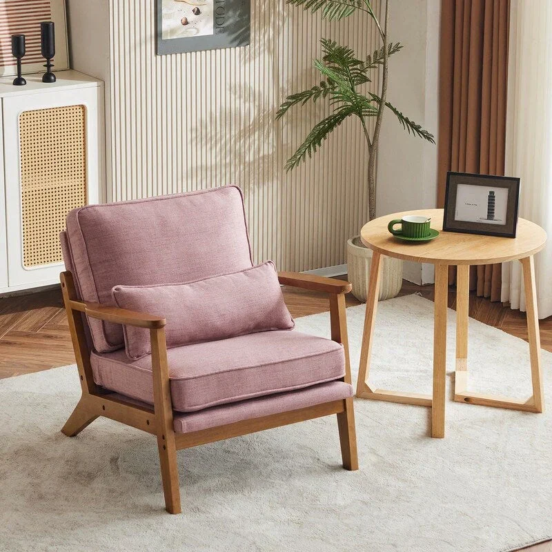 Upholstered Linen Blend Accent Chair with Wooden Legs and One Pillow Beige