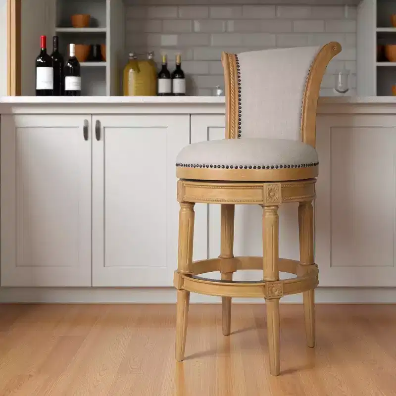 30 Beige and Natural Fabric and Solid Wood Bar Height Swivel Bar Chair