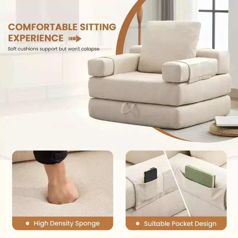 Fold-Down Convertible Sleeper Sofa Chair with Removable Armrests & Washable Cover