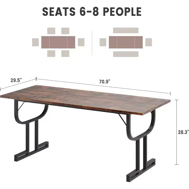 70.9in Rectangular Dining Table for 4-6 People, Heavy Metal Wine Glass Shaped Leg, Wear-Resistant Thickened Wooden Table Top For Kitchen Office Desk