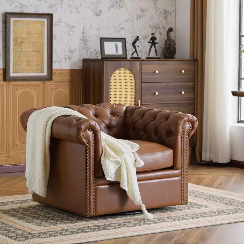 Button Tufted Swivel Club Chair with Roll Arms, Dark Green Faux Leather, 400 lb