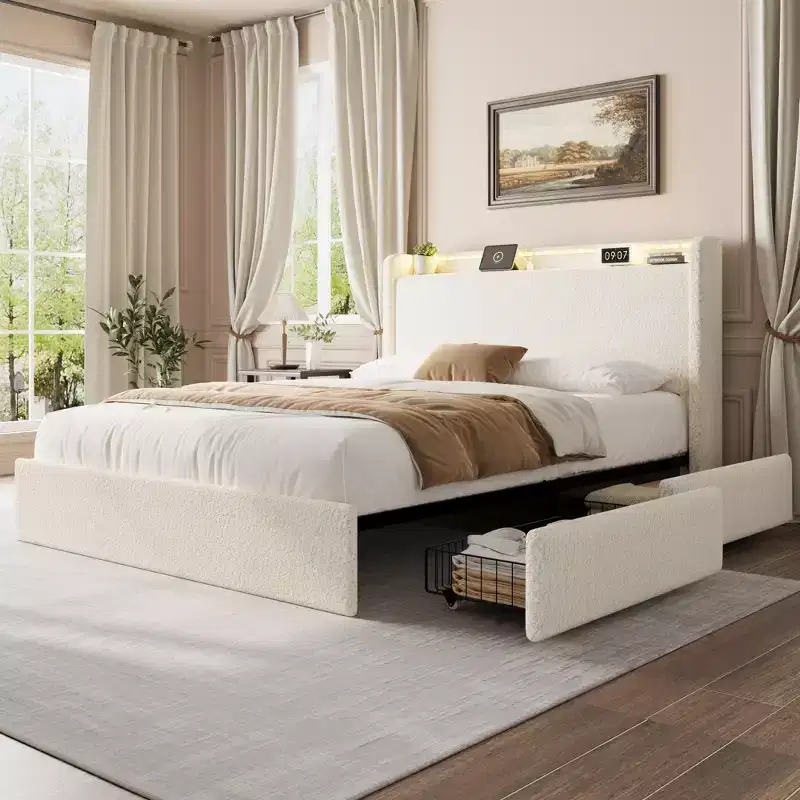 Boucle Bed Frame with Storage Headboard, Charging Station and LED Lights, No Box Spring Needed, 4 Storage Drawers