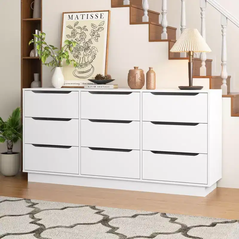 Bedroom Features 9-Drawer Storage with Drawers, Large Wood Flooring and Drawer Cabinets,White