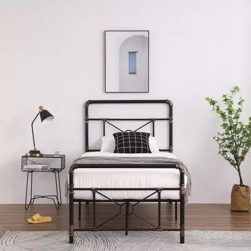 Twin Size Industrial Iron Bed Frame with Cross Design – Platform Base