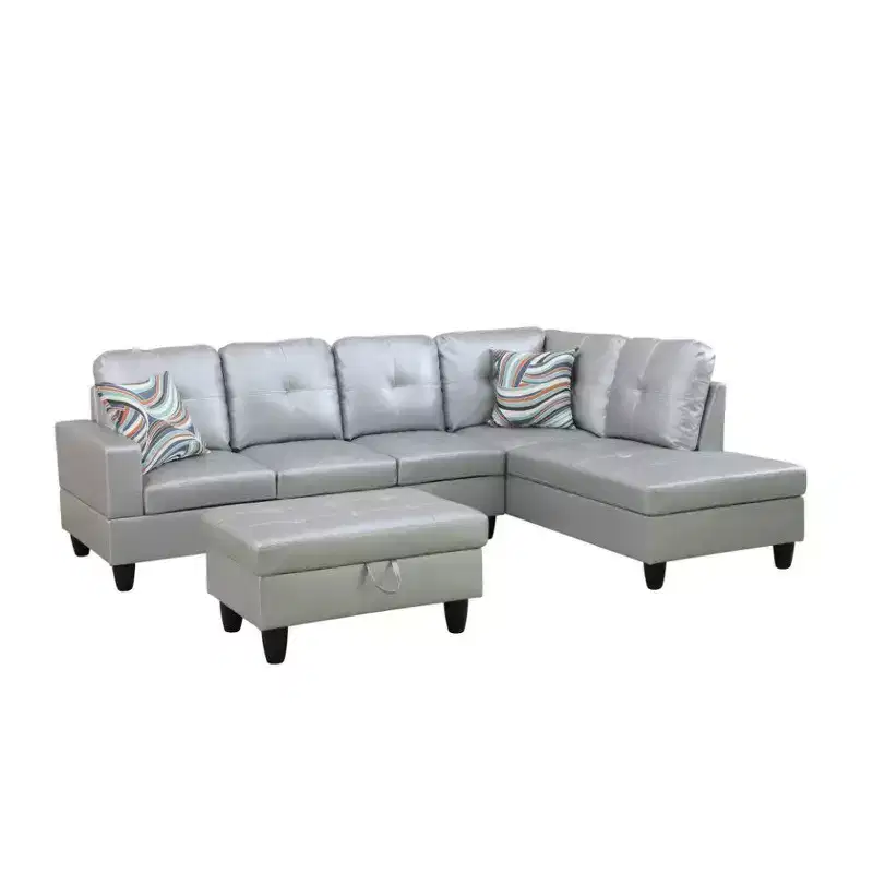 Light Grey Semi-PU Leather Sectional Sofa - Modern L-Shaped Design, Tufted Cushions, Decorative Pillows, Storage Ottoman