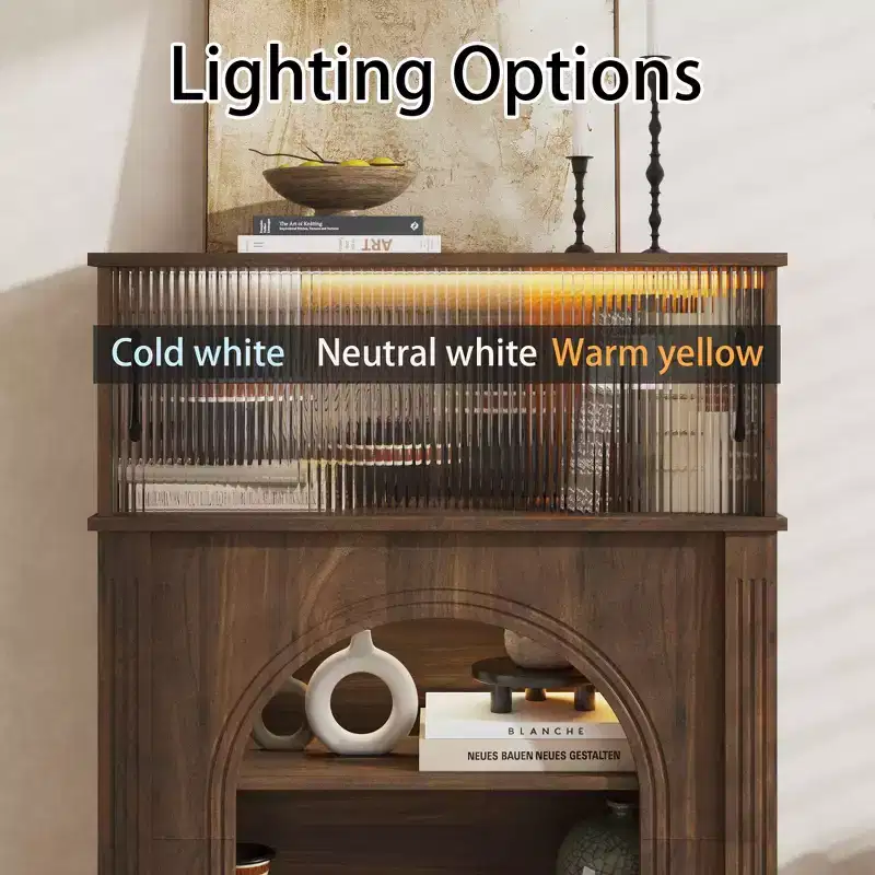 Famapy Dark Walnut Accent Cabinet with Fluted Glass & Adjustable LED Lighting