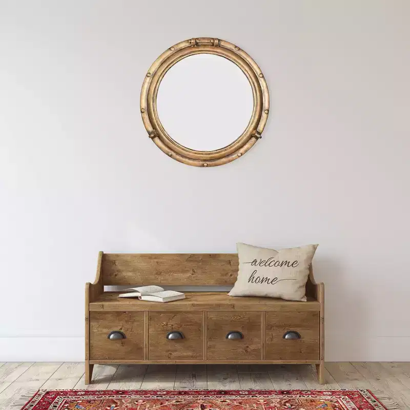 22 Round Distressed Metal Porthole Mirror Gold - Storied Home: Modern Style, No Assembly, Wall Mounted