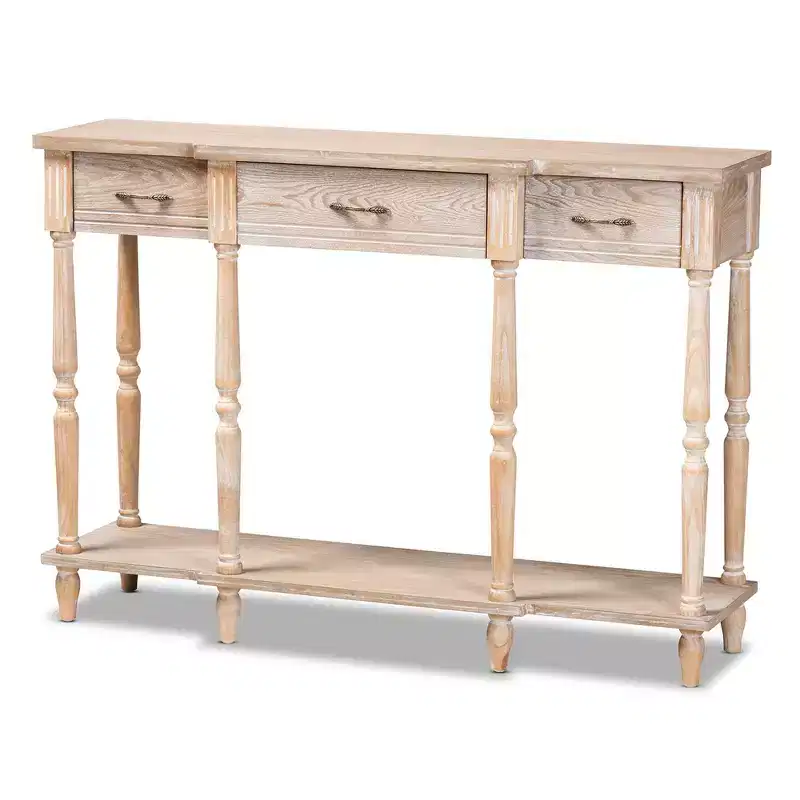 3 Drawer Console Table Oak Studio: Whitewashed, Antique Gold Tone Pulls, Lower Shelf