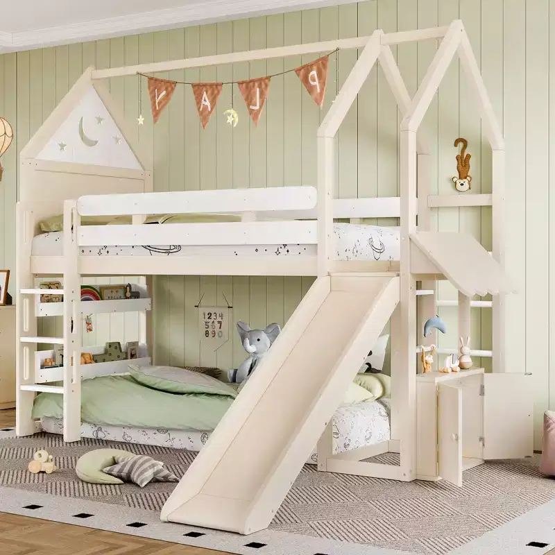 House Loft Bed with Bookshelf and Slide, Solid Wood Frame with Safety Rails for Kids