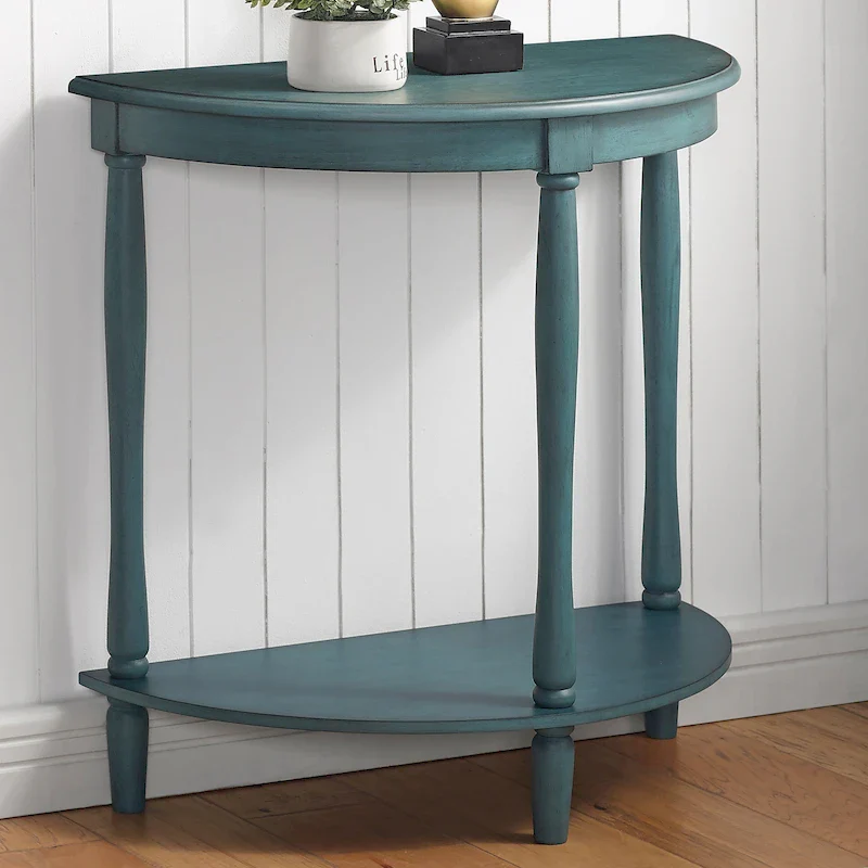 Antique Light Green French Country Half-Moon Console Table with Lower Shelf, 1-Person Assembly