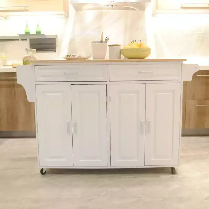 Mobile Kitchen Island with Rubber Wood Top, Kitchen Cart with Ample Adjustable Shelf Inside Cabinet and Drawers, Rolling Kitchen Island, White