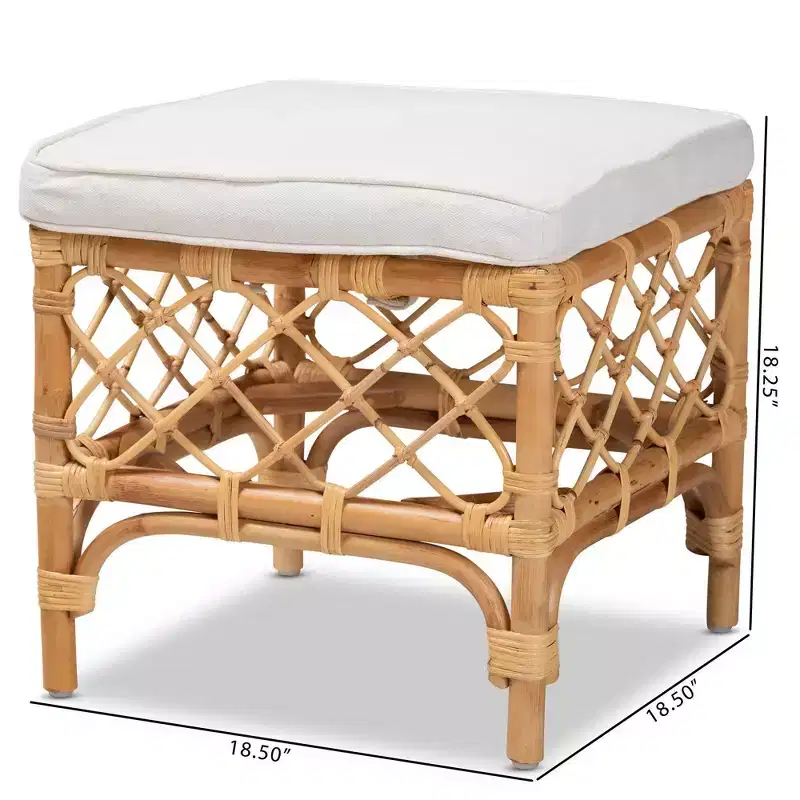 Fabric Upholstered and Rattan Ottoman White/Natural : Comfortable Seating, No Assembly Required
