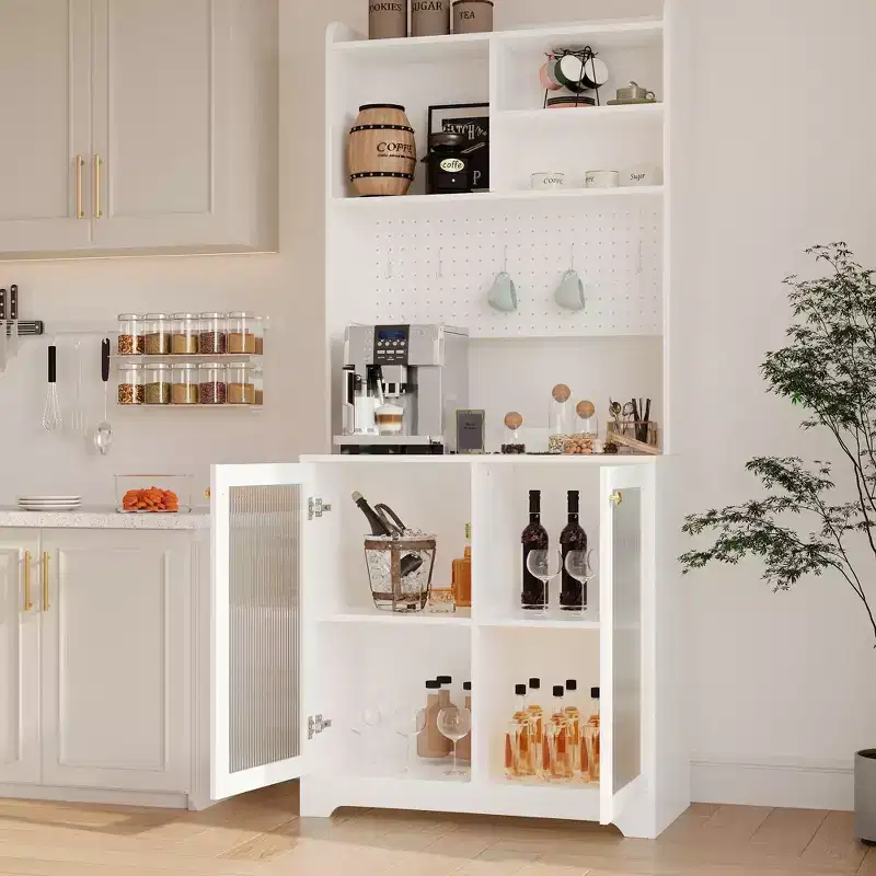 71 Tall Pantry Cabinet with 2 Glass Doors, Freestanding Kitchen Storage Cabinet with Adjustable Shelves, Farmhouse Cupboard for Dining Room