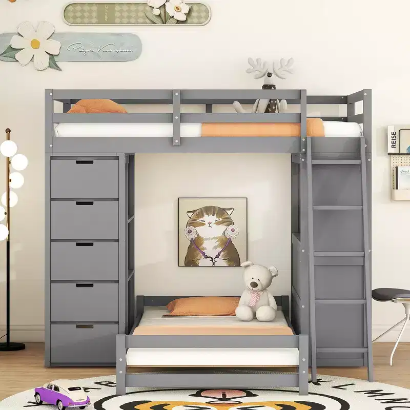 Twin over twin Bunk Bed with Drawers, Shelves, Desk, LED Light and Charging Ports