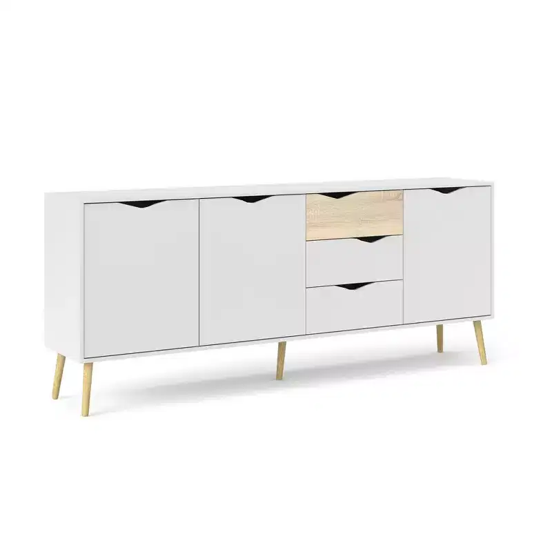 Scandinavian Sideboard, 3 Doors & 3 Drawers, White & Oak Two-Tone, 77