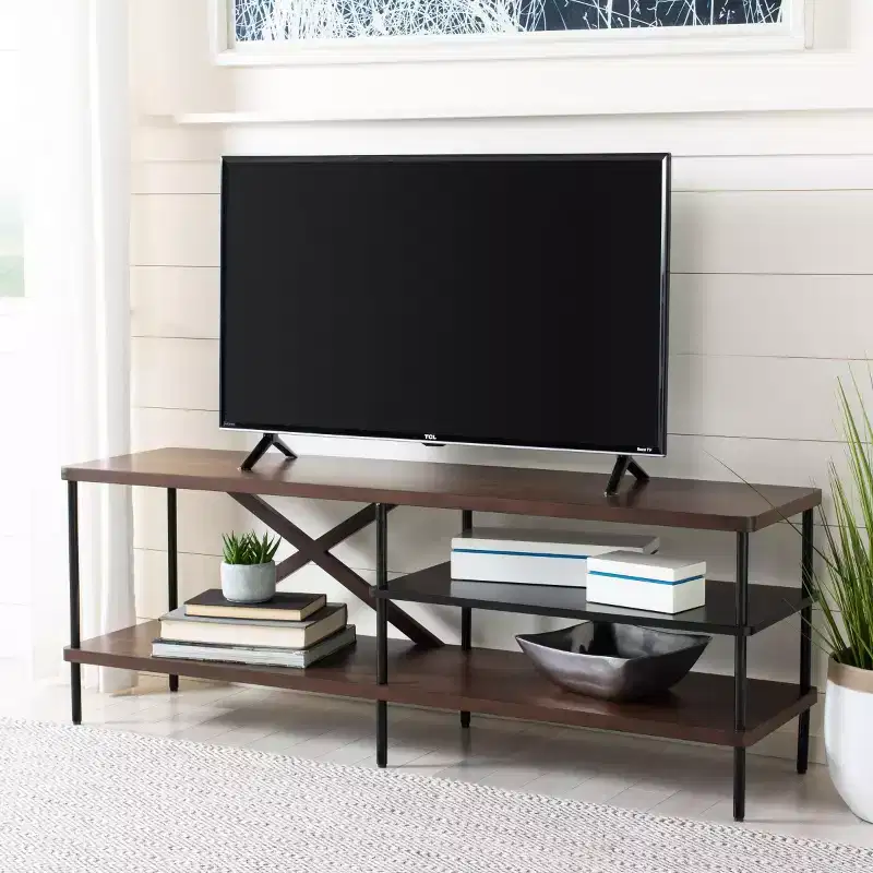 Industrial TV Stand - Walnut & Black, 55 inch, High-Gloss Mahogany Frame