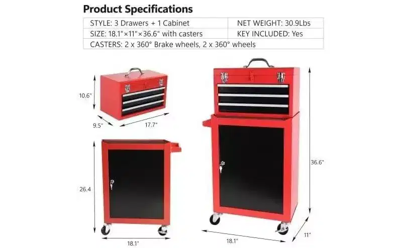 3-Drawer Rolling Tool Cabinet - Lockable Wheels, Large Storage & Adjustable Shelves, for Garage/Warehouse/Workshop