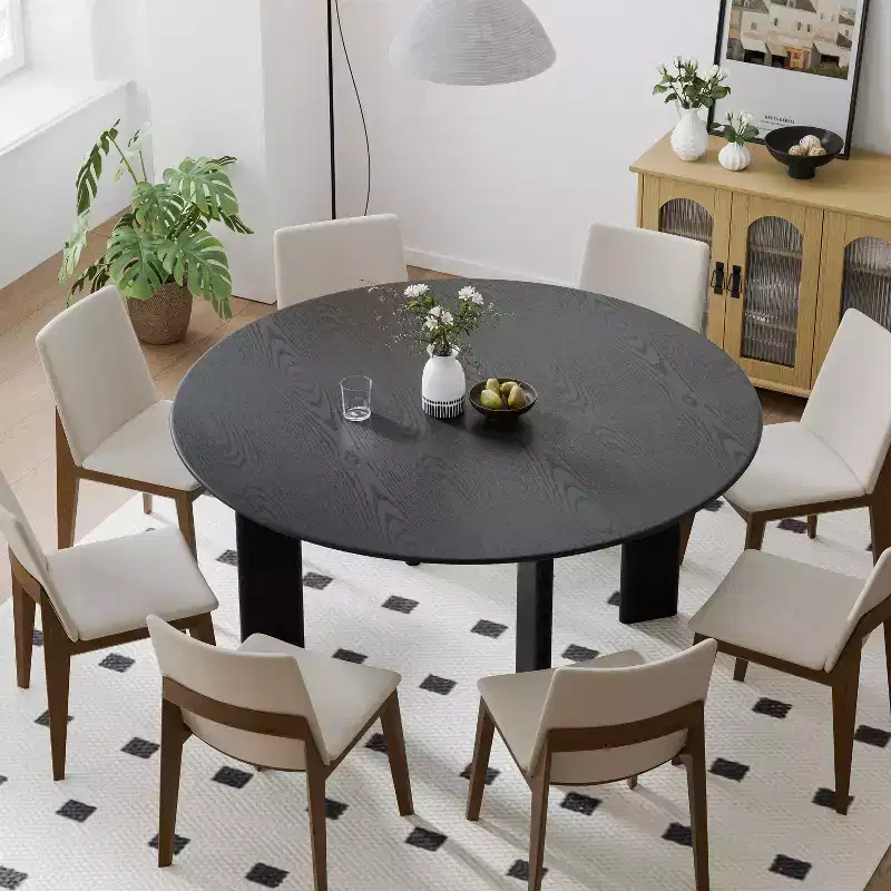 Modern Round Dining Table for 6-8, Dense Wood Tabletop & Stable Base, for Kitchen & Dining Room, Black