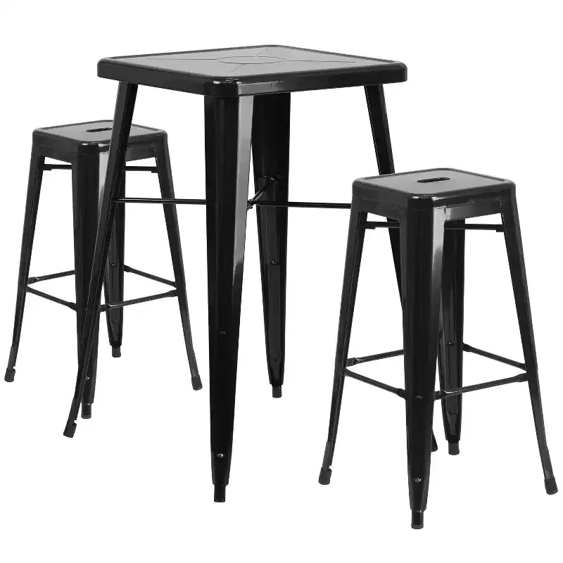Emma and Oliver Commercial Grade 23.75 Square Metal Indoor-Outdoor Bar Set & 2 Backless Stools
