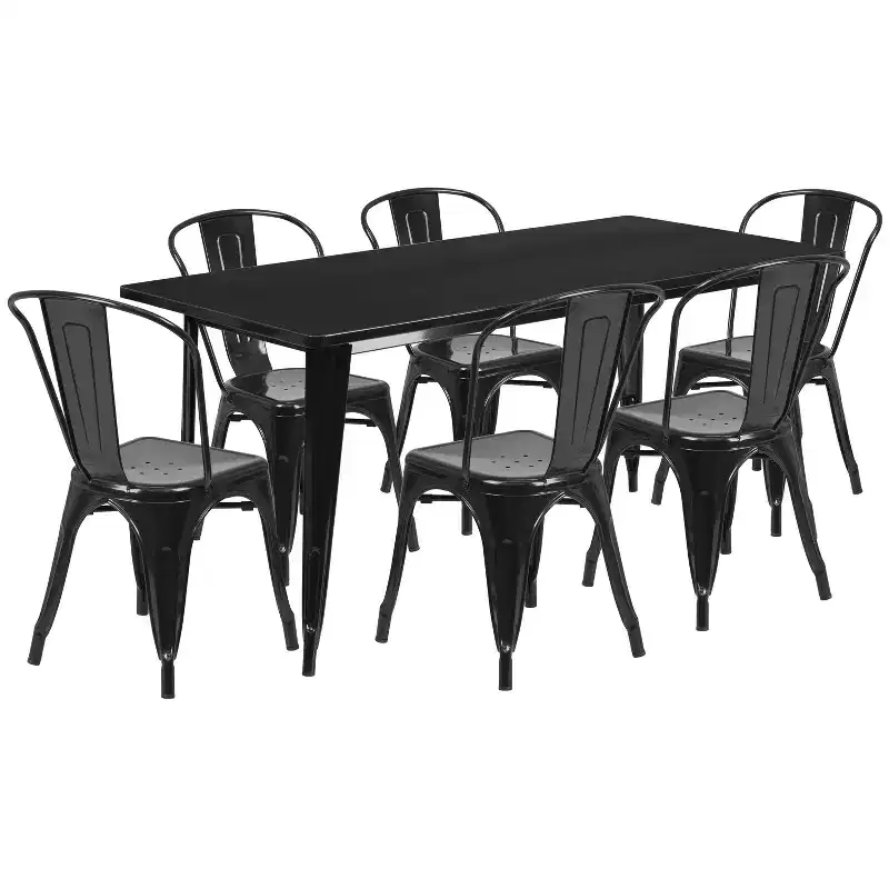 Emma and Oliver Commercial Grade Rectangular Metal Indoor-Outdoor Table Set with 6 Stack Chairs