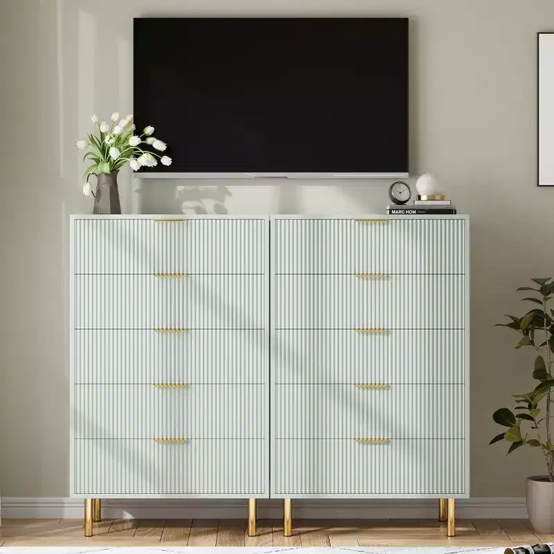 TROPOW Green Dresser, Modern 5 Drawer Dresser for Bedroom with Gold Handle and Large Drawer, Wood Double Chest of Drawers,Green