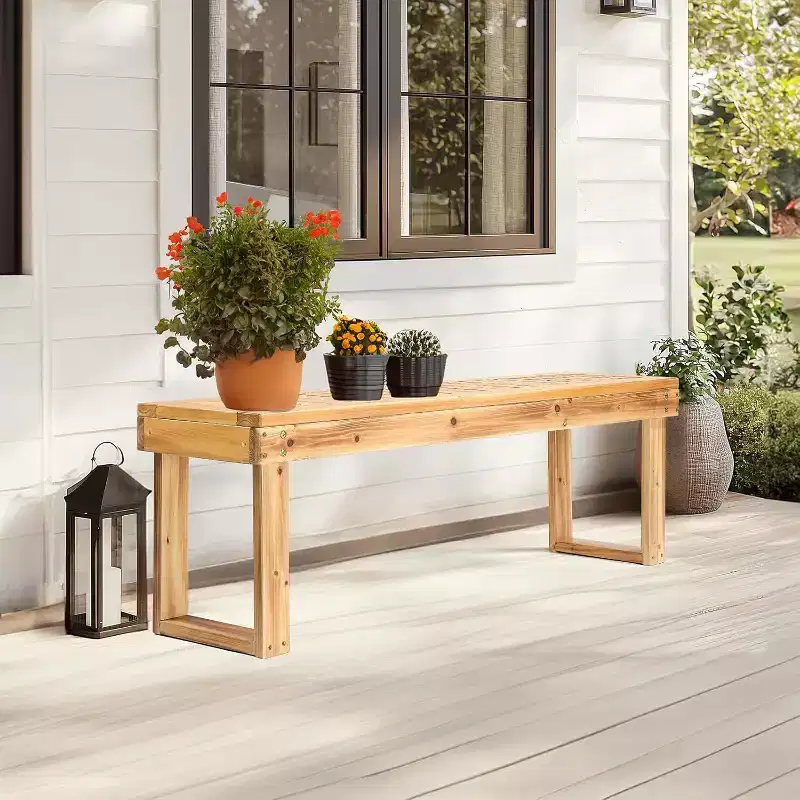 VINGLI Outdoor Wooden Bench Porch Bench, Wood Patio Garden Bench Weatherproof Outdoor Backless Bench for Backyard, Poolside, Entryway