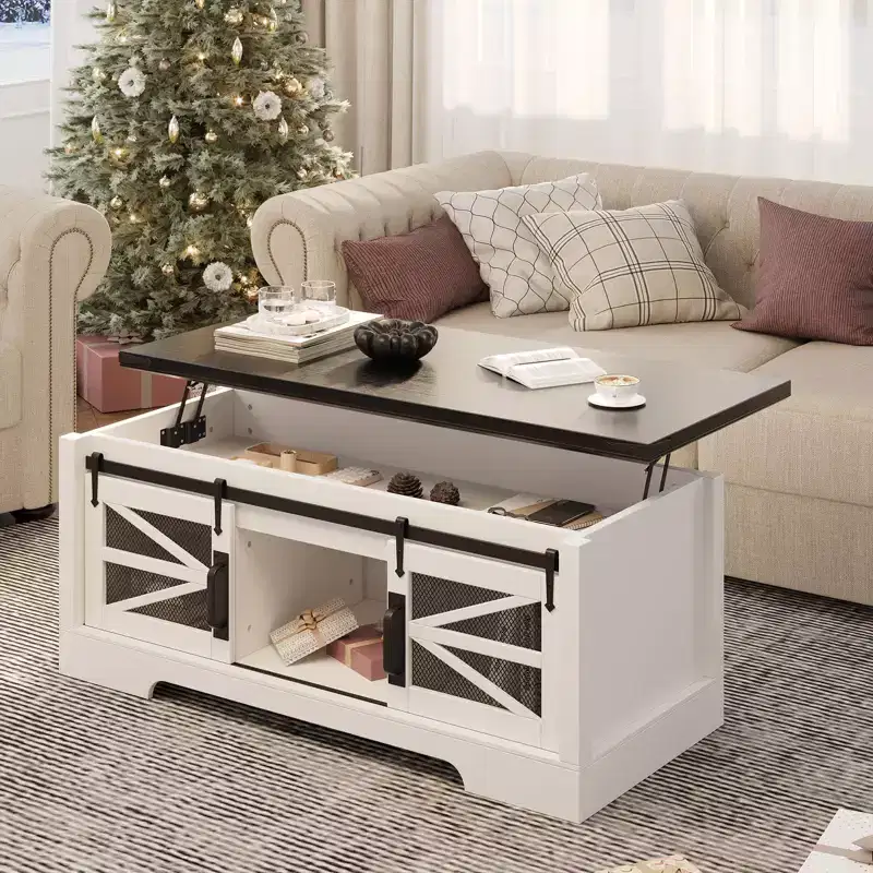 Coffee Table Lift Top with Storage, 47.2 Farmhouse Style with Sliding Barn Door & Hidden Compartment, 150LBS Capacity for Living Room Office