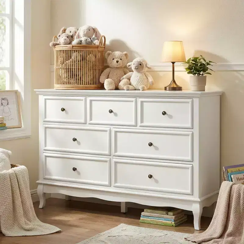 7-Drawer Dresser for Bedroom – White Paint Finish with Distinctive Wooden Legs