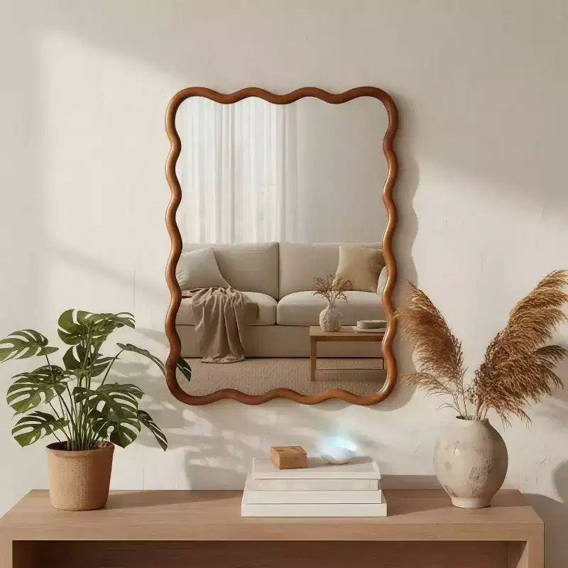 PexFix 30 x 40 Wavy Rectangle Solid Wood Frame Decorative Mirror Modern Farmhouse Wall Mirror For Bedroom Bathroom Living Room Entryway Brown