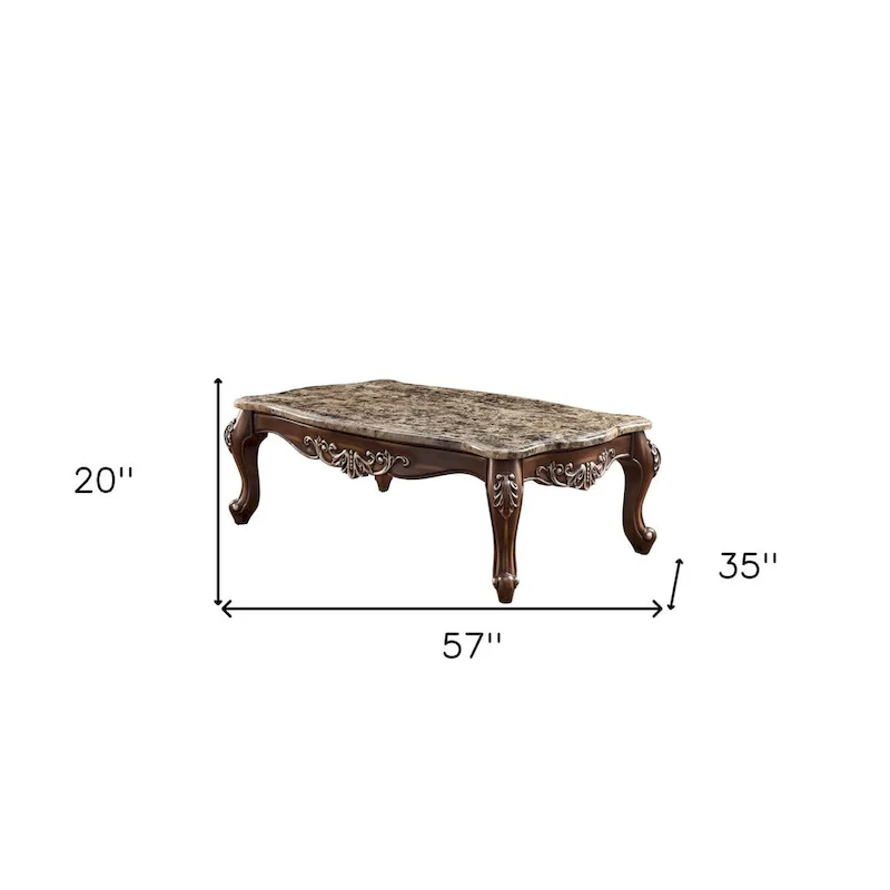 57-Inch Coffee Table with Faux Marble Top – Brown and Oak Finish
