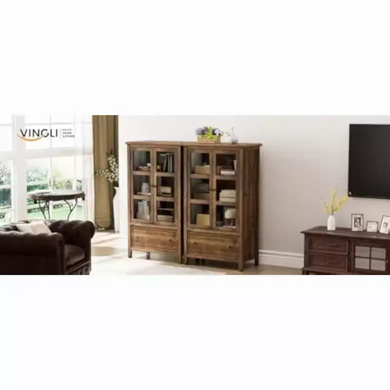 Rustic Glass Door Storage Cabinet with Drawer – Fir Wood Veneer, Solid Wood Legs, Walnut Finish