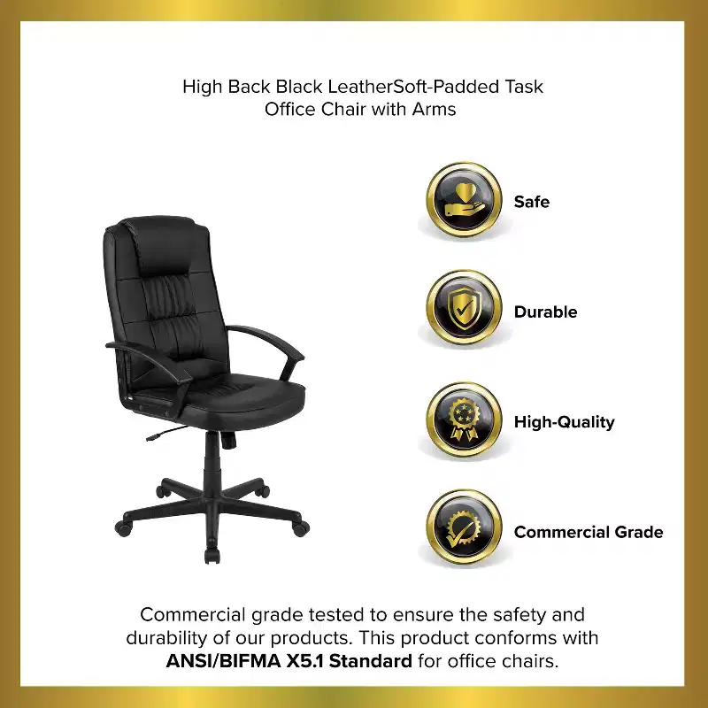 Emma and Oliver High Back Black LeatherSoft Task Chair with Arms - Desk Chair