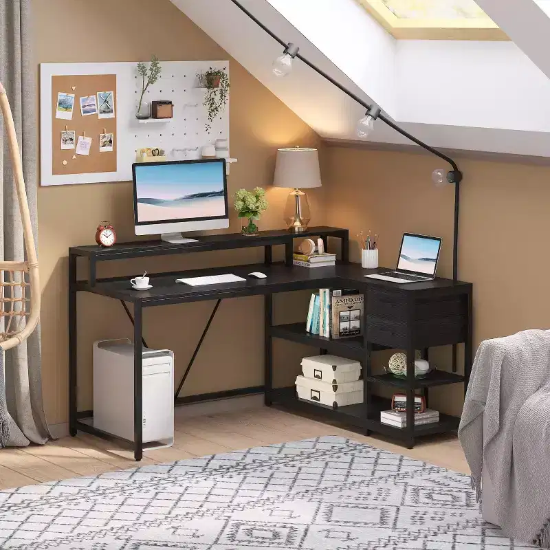 Reversible L-Shaped Corner Desk with Drawer, Storage Shelves & Monitor Stand