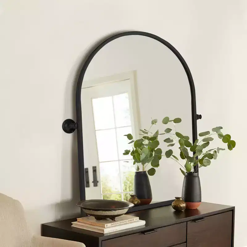 Black Hardware Hanging Mirror with Iron Right-Angled Arch Design, 91x61x4cm