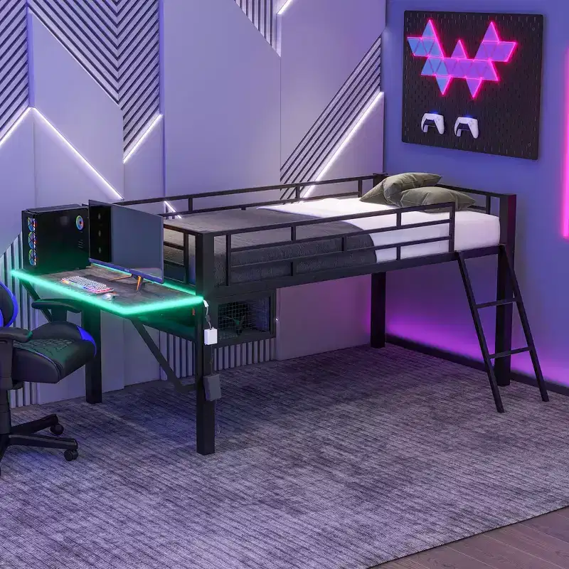 Loft Bed with Desk, Storage Shelves & LED Light, Black - ModernLuxe