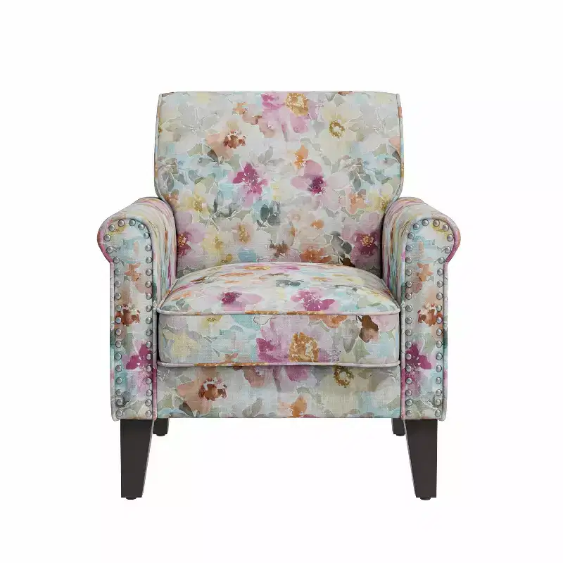 Traditional Rolled Arm Accent Chair with Pewter Nailheads Floral Pattern Pink