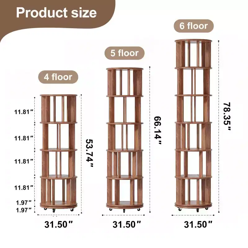 Corner Bookshelf Wood Book Shelf on Wheels, 360 Rotating Bookshelf, Narrow Bookcase