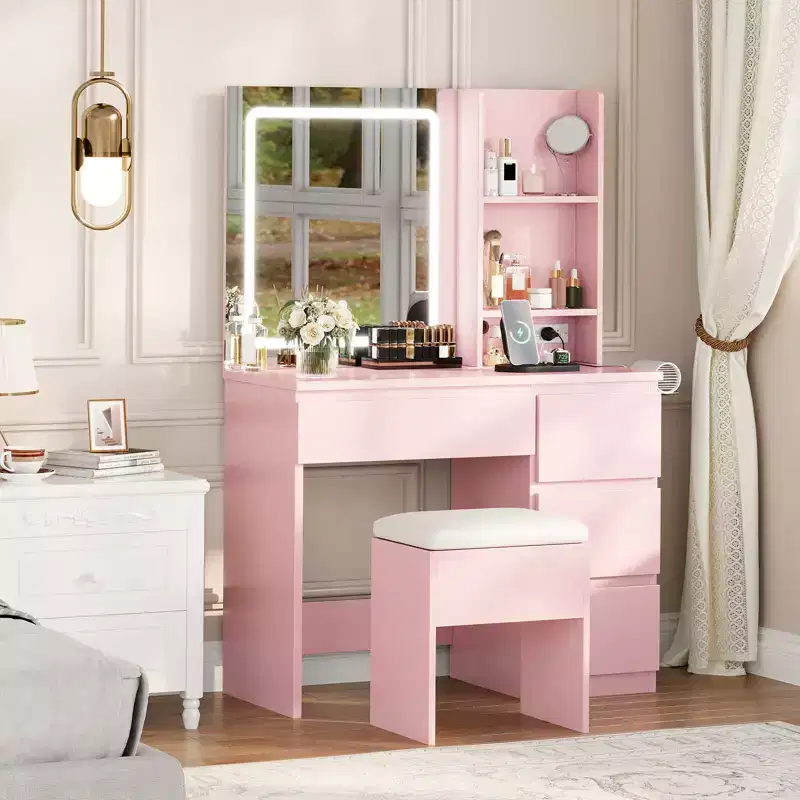 Vanity Desk with LED Mirror - Makeup Vanity Desk with 4 Drawers, Power Outlets, Storage Stool, Storage Shelves, and Hair Dryer Holder