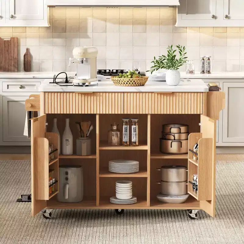52 Farmhouse Mobile Kitchen Island with Drop Leaf and Faux Marble Top, Rolling Kitchen Cart with Storage for Kitchen or Dining Room-