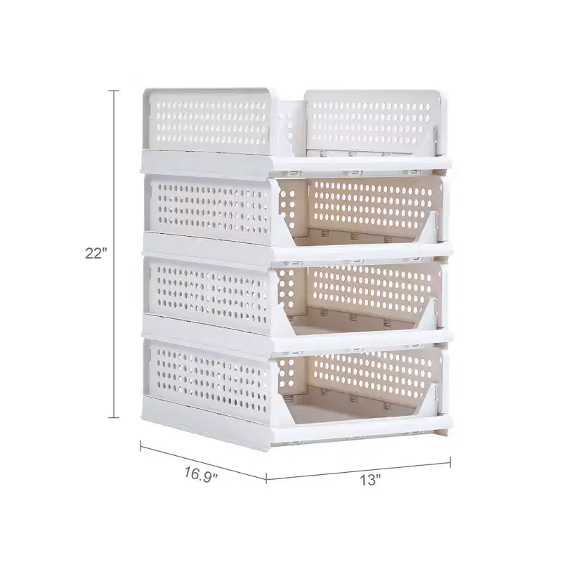 4-Tier Plastic Closet Shelf Organizer, Stackable Sweater Storage Closet Drawers, Foldable Wardrobe Organizer, Gray