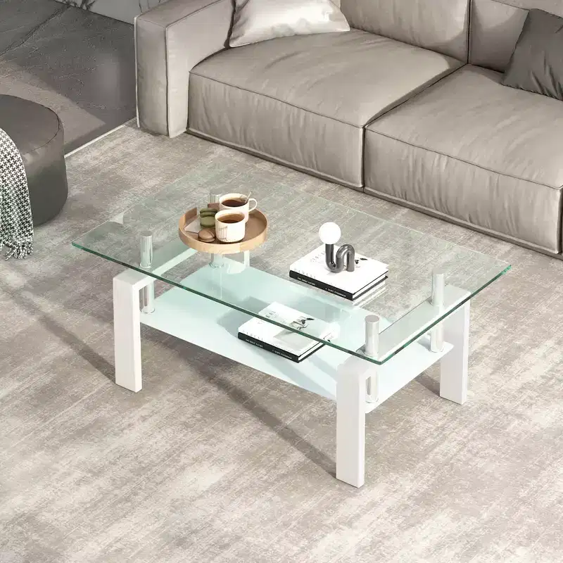 Fun little toys brand Tempered Clear Glass Coffee Table, 2-Layers Coffee Table Living Room Center Table