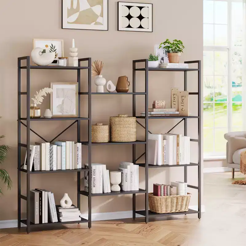 Industrial Triple Wide 4-Tier Bookshelf - 62.2 Deep Rustic Brown & Black Frame, 11 Adjustable Display Shelves for Living Room, Home, Office