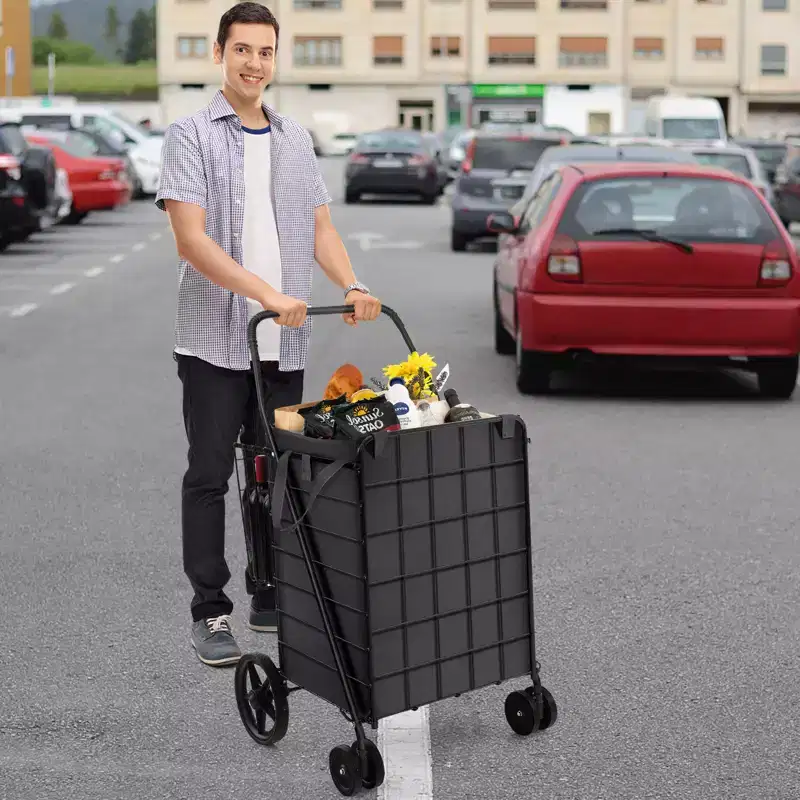 Collapsible Utility Shopping Cart with Dual Baskets and Water-Resistant Liner