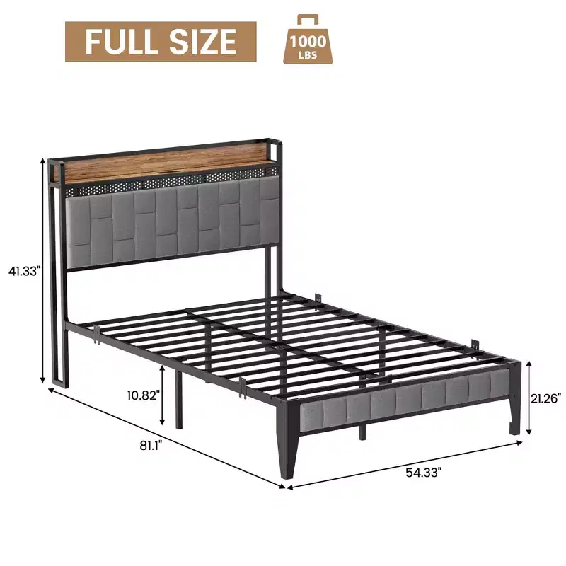Linen Upholstered Platform Bed Frame with Storage Headboard & Lights  Built-In Charging Station, Heavy-Duty Metal Slats, Grey