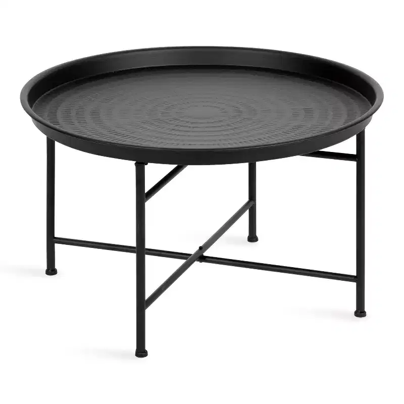 Round Metal Coffee Table with Moroccan Embossed Pattern, Black